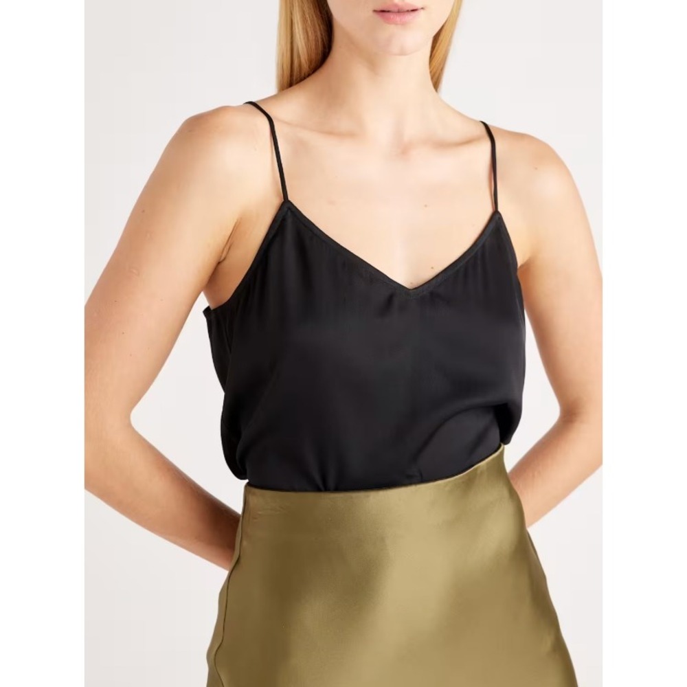 Quince Washable Stretch Silk V-Neck Cami Tank Top Black XS CMA01-3268